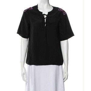 SANDRO Paris Women's SILK Black Tie Beaded Cut Out Floral Top Elegant Boho 2 M